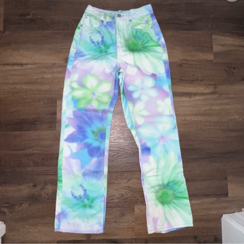 BDG High Rise Tie-Dye Floral Jeans in Pastel Green, Blue & Purple